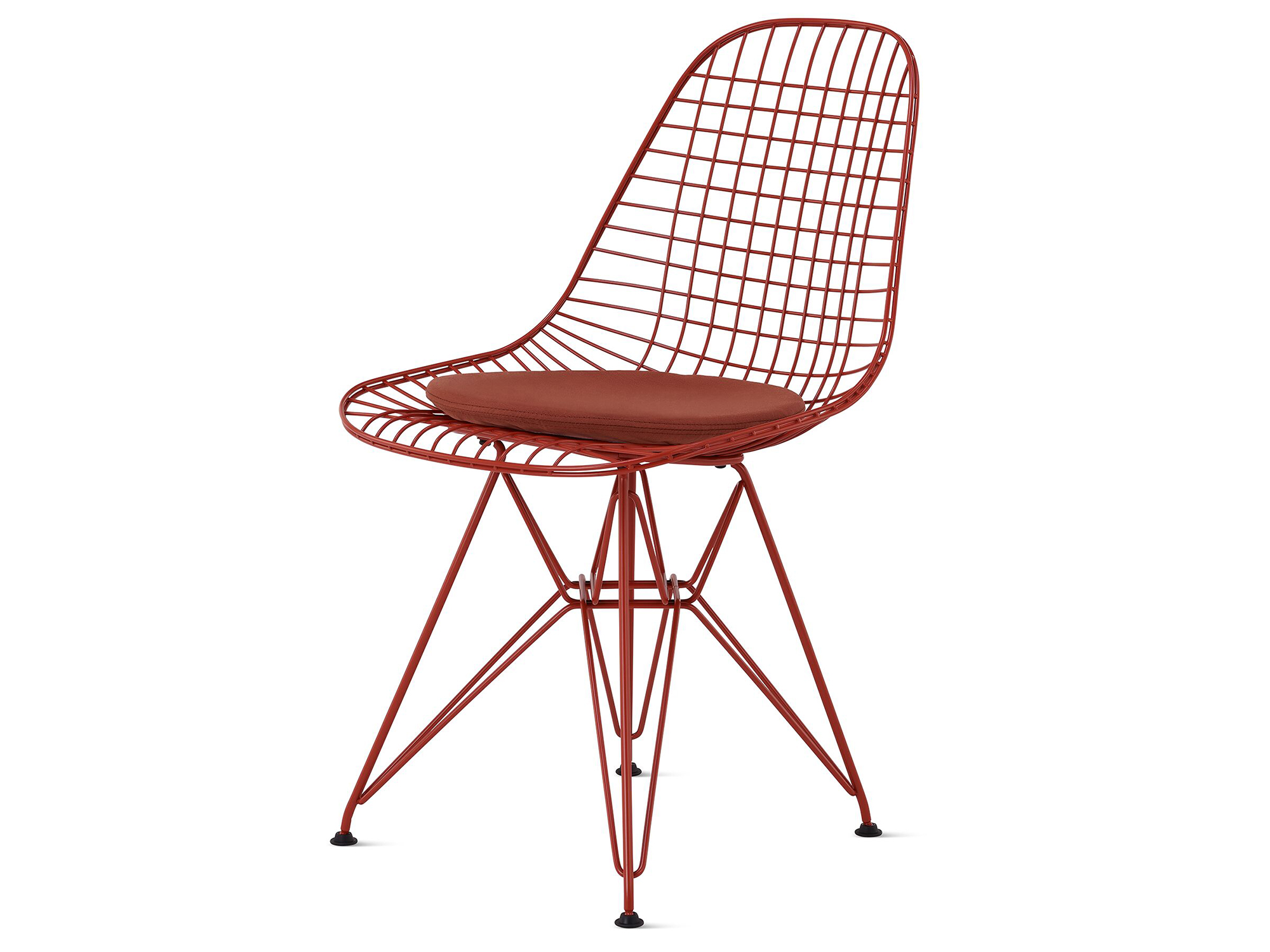 Iron red wire upholstered chair with wire base front angle view